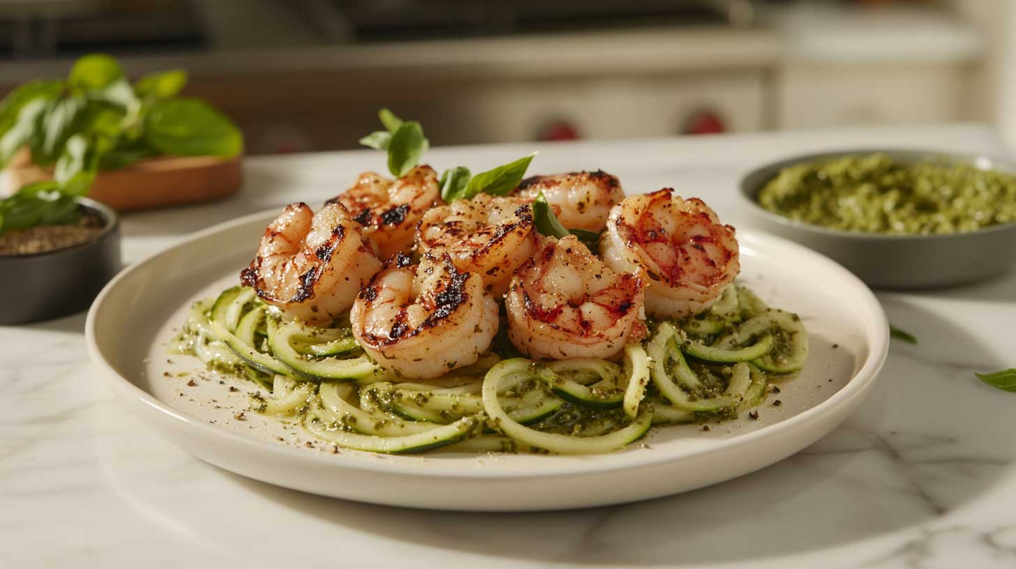 Keto zucchini noodles with pesto and grilled shrimp recipe