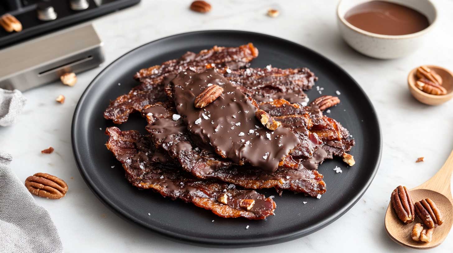 Keto chocolate -covered maple pecanny bacon for Valentine’s Day