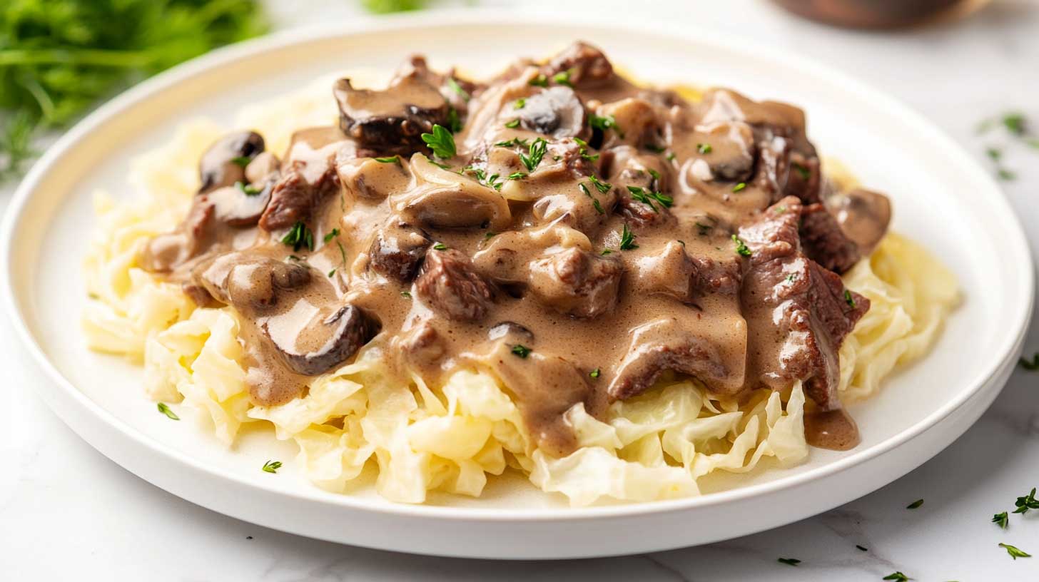 Keto cabbage noodle beef Stroganoff-a cozy lunch with carbohydrate-like songs