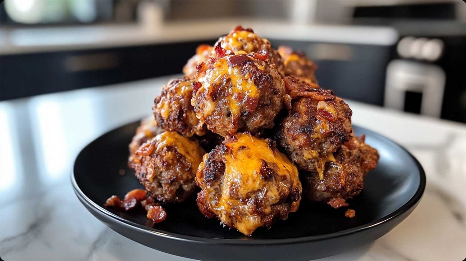 Keto Cheddar Speck meatballs that are crispy, cheesy and tasty