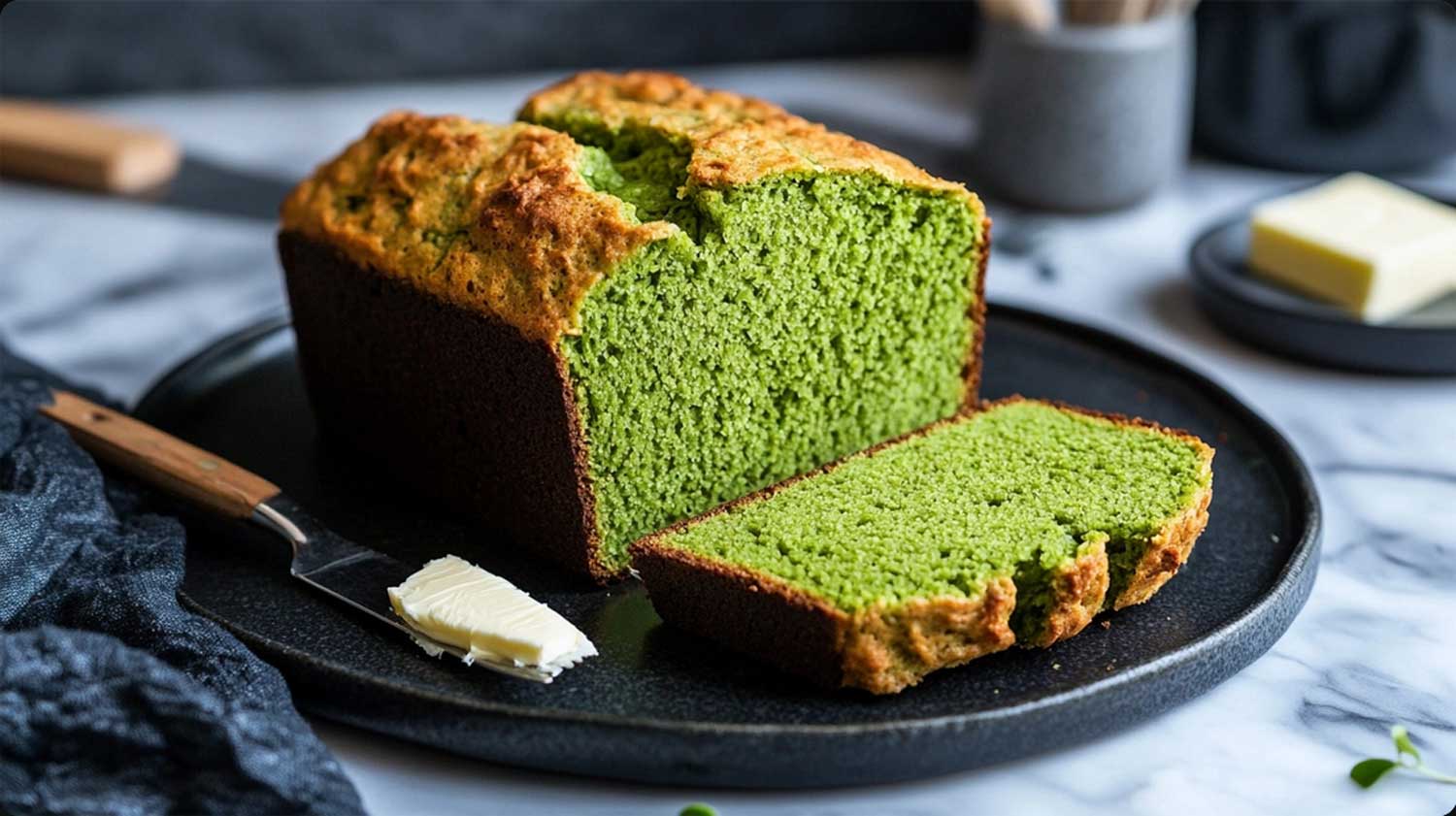 Easy Keto Matcha bread for a carbohydrate-low breakfast with green tea