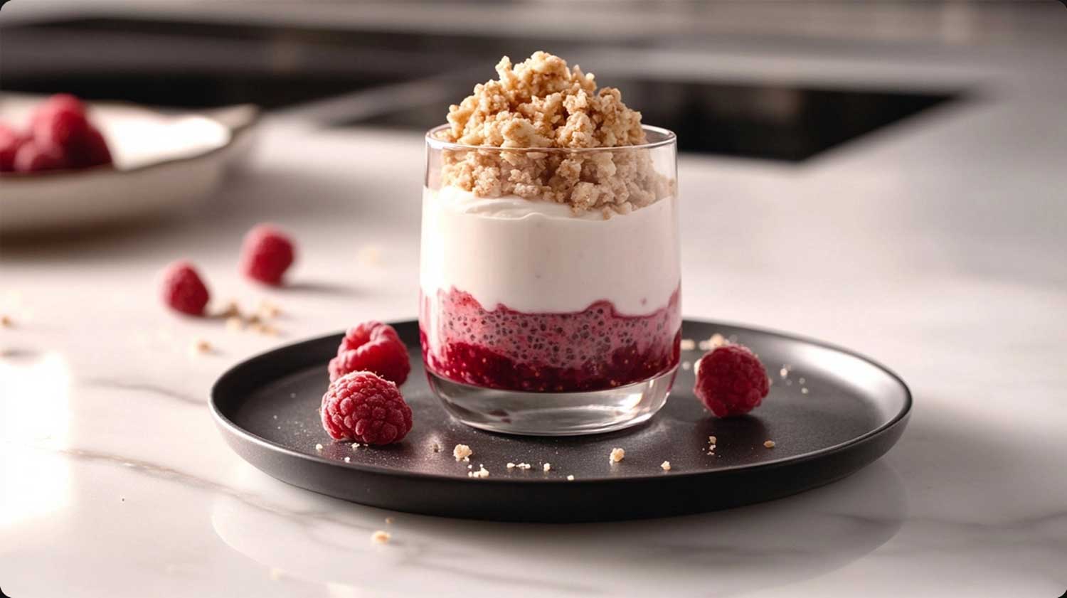 Keto raspberry -Chia -sam -Samen yogurt parfait with crispy breading